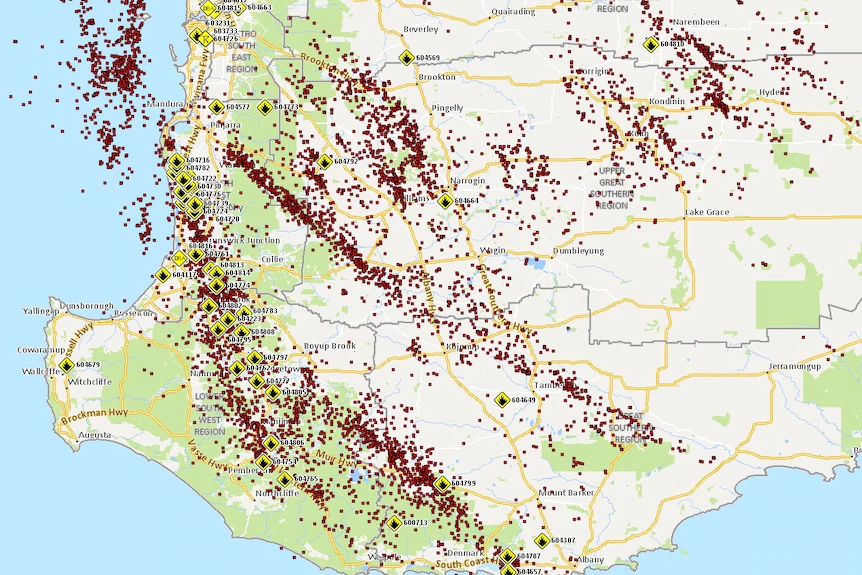 Map of lightning strikes, fires south west WA January 2023